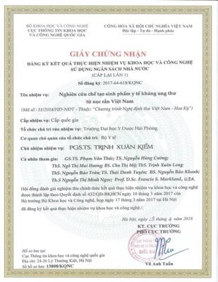 Vietnam Ministry of Science and Technology has certifiedthe registration of research cooperation results (VN-USA), 2018.